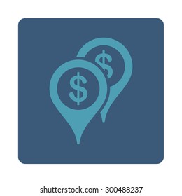 Bank places icon. This flat rounded square button uses cyan and blue colors and isolated on a white background.