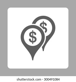 Bank places icon. This flat rounded square button uses dark gray and white colors and isolated on a silver background.