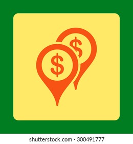 Bank places icon. This flat rounded square button uses orange and yellow colors and isolated on a green background.