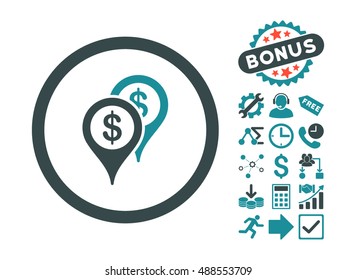 Bank Places pictograph with bonus elements. Vector illustration style is flat iconic bicolor symbols, soft blue colors, white background.