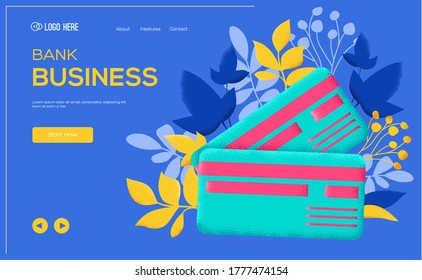 Bank plastic card concept flyer, web banner, ui header, enter site. Grain texture and noise effect. Modern illustration slider site page. Vector design image.
