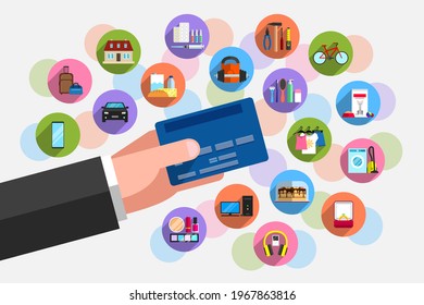 Bank plastic card in person's hand and plenty of icons of goods around it. Concept of purchasing power, cashless payment for goods and services, purchases on credit