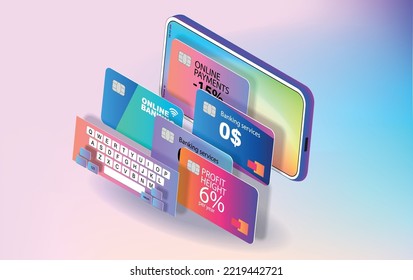 Bank plastic cards and banking application on the mobile phone screen. Vector banner