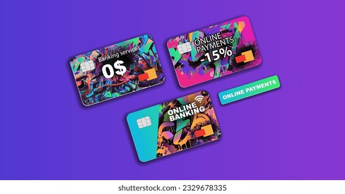 Bank plastic cards with graffiti-style design. Vector banner