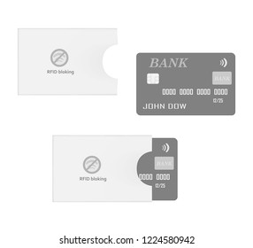 Bank plastic chip card with RFID blocking sleeve holder isolated on white background. Vector template.