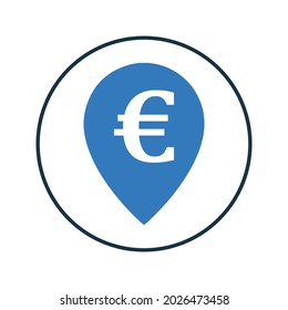 Puntero bancario, moneda euro, ubicación, marcador de mapa, icono de pago. Gráficos vectoriales simples modificables.