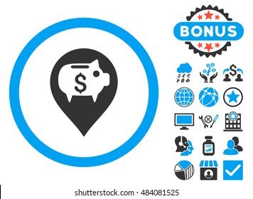 Bank Pointer icon with bonus symbols. Vector illustration style is flat iconic bicolor symbols, blue and gray colors, white background.