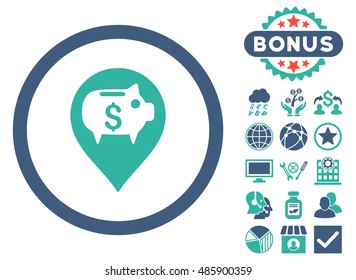 Bank Pointer icon with bonus symbols. Vector illustration style is flat iconic bicolor symbols, cobalt and cyan colors, white background.