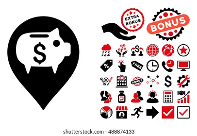 Bank Pointer pictograph with bonus pictograph collection. Vector illustration style is flat iconic bicolor symbols, intensive red and black colors, white background.