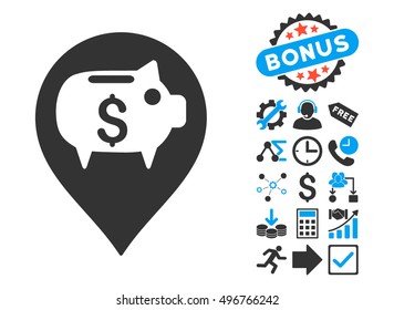 Bank Pointer pictograph with bonus design elements. Vector illustration style is flat iconic bicolor symbols, blue and gray colors, white background.