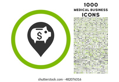 Bank Pointer rounded vector bicolor icon with 1000 medical business icons. Set style is flat pictograms, eco green and gray colors, white background.