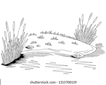 Bank of the pond graphic black white lake landscape sketch illustration vector