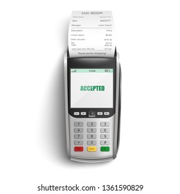 Bank POS terminal for payment of purchases in shop or supermarket by credit or debit card and paper cash receipt in realistic isolated vector illustration - successful electronic transaction concept.