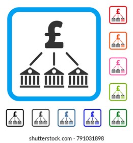Bank Pound Expenses icon. Flat gray iconic symbol in a light blue rounded rectangle. Black, gray, green, blue, red, orange color versions of Bank Pound Expenses vector.