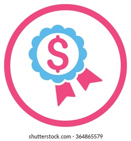 Bank Prize vector icon. Style is bicolor flat circled symbol, pink and blue colors, rounded angles, white background.