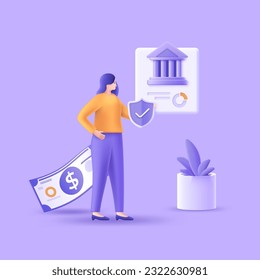 Bank provides financial security concept vector illustration. Woman holding shield by dollar bill and building. 3D cartoon composition for web design. Creative idea for website, mobile, presentation