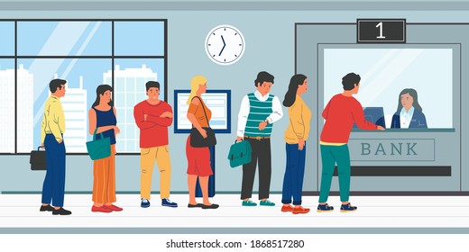 Bank Queue. Cartoon People Standing In Row To Cashier. Men And Women Waiting In Line. Payments And Money Transfer, Making Financial Transactions At Cash Desk, Vector Banking Flat Illustration