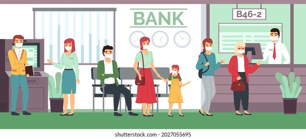 Bank Queue. Customers In Masks Waiting For Turn, Financial Transactions Center, Visitors In Lobby Interior, Different Ages People In Office Male Employee On Reception Vector Flat Concept