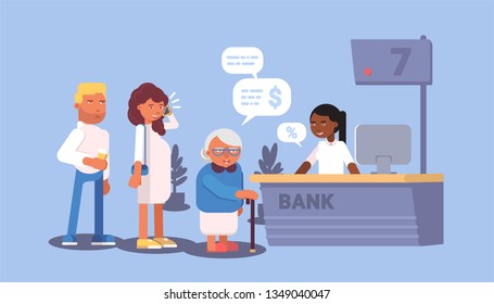 Bank queue flat vector illustration. People wait consultation turn. Deposit consultant, manager talking with old woman. People in queue cartoon characters. Bank office reception with speech bubbles