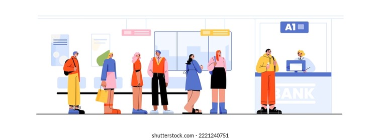 Bank queue, people stand in row front of desk with worker. Men and women waiting in line making payments and money transfer, financial banking transactions at cashier, Linear flat vector illustration