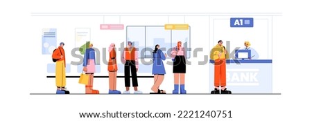 Bank queue, people stand in row front of desk with worker. Men and women waiting in line making payments and money transfer, financial banking transactions at cashier, Linear flat vector illustration