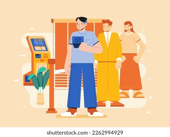 Bank queue people standing in row to cashier Men and women waiting in line Payments and money transfer making financial transactions