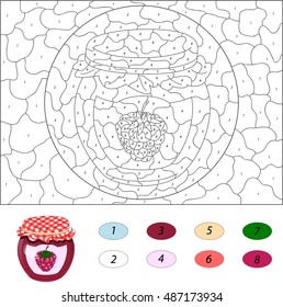 Bank of raspberry jam. Color by number educational game for kids. Illustration for schoolchild and preschool