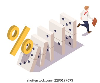 Bank rates vector illustration. Inflation percent impact on business, financial crisis concept. Percentage sign fall to cause domino collapse. Businessman with suitcase running away 3d isometric