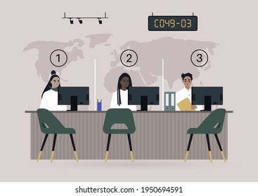Bank reception, a diverse group of financial managers sitting behind the information desk,  a client service concept