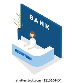 Bank reception interior. Woker standing at the counter. Financial operation in bank. Isolated vector isometric illustration