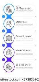 Bank reconciliation blue gradient round infographic 5 steps. Account statement. Audit of financial facility activity. Transaction. Editable thin line icons diagram process