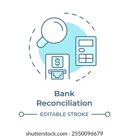 Ícone de conceito azul flexível de reconciliação bancária. Extrato bancário, fatura contábil. Ilustração de linha de forma redonda. Ideia abstrata. Design gráfico. Fácil de usar em infográfico, apresentação