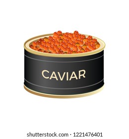 Bank of red caviar with the inscription. Vector illustration isolated on white background