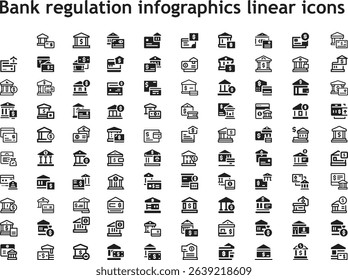 Bank regulation infographics linear icons collection. isolated mobile payment icon vector. icons that encompass essential elements such as money, credit cards, loans, savings, and income, .eps
