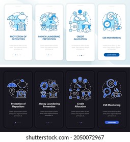 Bank regulation onboarding mobile app page screen. CSR monitoring walkthrough 4 steps graphic instructions with concepts. UI, UX, GUI vector template with linear night and day mode illustrations