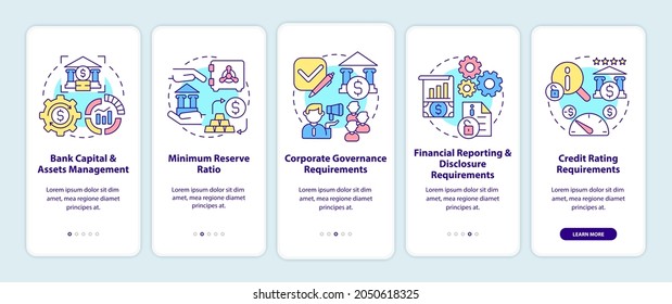 Bank regulation requirements onboarding mobile app page screen. Assets management walkthrough 5 steps graphic instructions with concepts. UI, UX, GUI vector template with linear color illustrations