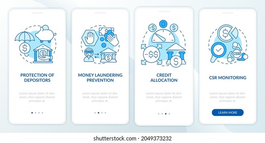 Bank regulation system onboarding mobile app page screen. Credit allocation walkthrough 4 steps graphic instructions with concepts. UI, UX, GUI vector template with linear color illustrations
