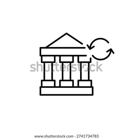 Bank and renew arrows. Account refresh, finance renewal, transaction update. Pixel perfect, editable stroke vector icon