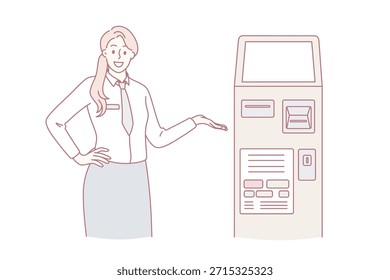 Representante do banco e conceito de tecnologias. Jovem mulher sorridente trabalhando em banco de pé e apontando para máquina atm ilustração vetor
