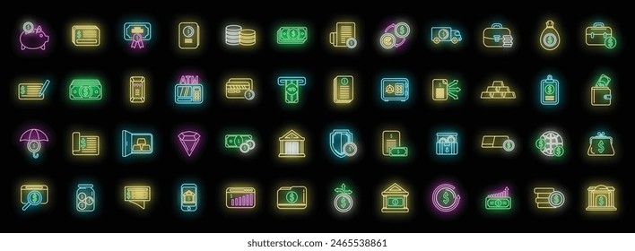 Bank reserves icons set outline vector. Check gold. Money banking neon color on black