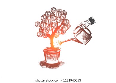 Bank, results, business, investments, money growth concept. Hand drawn investor watering money tree for growing bigger concept sketch. Isolated vector illustration.