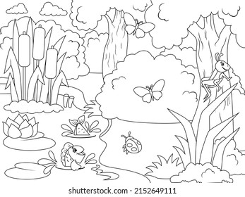 Bank of the river in the forest. Different characters, fish, insects and nature coloring book.