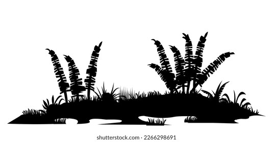 Bank of river or swamp with fern shoots. Swamp landscape. View of the river bank. Silhouette picture. Isolated on white background. Vector.