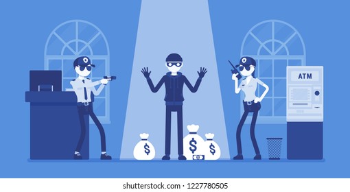 Bank Robber Caught By Police. Masked Man Failed To Break And Steal Money From Financial Institution, Security Officers Protect Office From Attack And Robbery. Vector Illustration, Faceless Characters