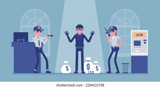 Bank Robber Caught By Police. Masked Man Failed To Break And Steal Money From Financial Institution, Security Officers Protect Office From Attack And Robbery. Vector Illustration, Faceless Characters