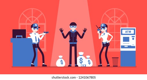 Bank Robber Caught By Police. Masked Man Failed To Break And Steal Money From Financial Institution, Security Officers Protect Office From Attack And Robbery. Vector Illustration, Faceless Characters