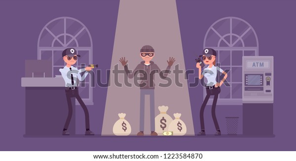 銀行強盗が警察に捕まった 覆面をした男は金融機関から金を盗み取るのに失敗し 治安部署は攻撃や強盗 からオフィスを守りました ベクターフラットスタイルの漫画のイラスト のベクター画像素材 ロイヤリティフリー