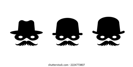Bank robber and crooks eye mask. Intermediary or unrecognizable person. Cartoon mafia, detective or spy with old classic hat. Man face, barber and moustache, mustache or beard. Zorro mask  