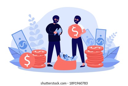 Bank robbers collecting cash. Money, sack, bag, couple in balaclavas. Flat vector illustration. Robbery, crime, criminals concept for banner, website design or landing web page