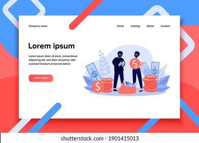 Bank robbers collecting cash. Money, sack, bag, couple in balaclavas. Flat vector illustration. Robbery, crime, criminals concept for banner, website design or landing web page